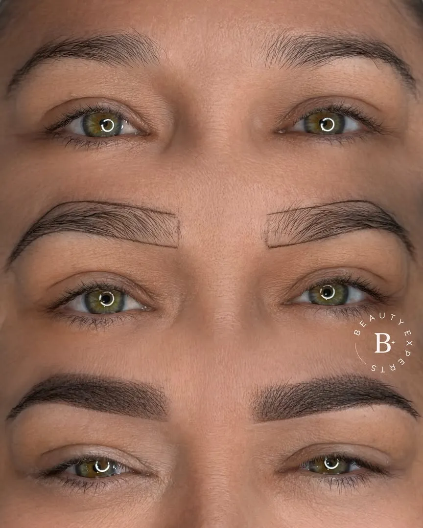 Before, brow mapping and result of powder brows in Málaga